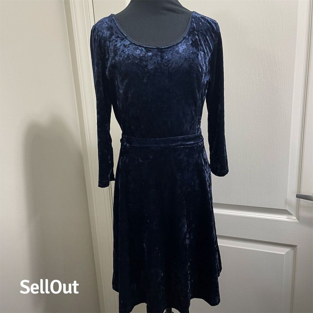 Blue Velvet Fit & Flare Dress M Knee Length Party Long Sleeve. Sku25